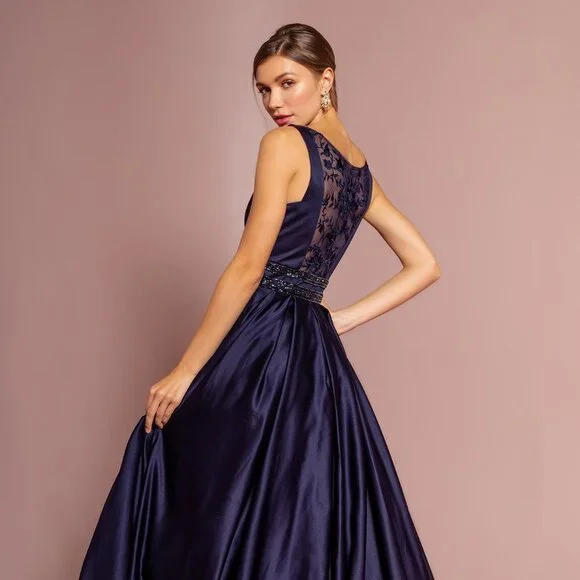 NEW LONG SLEEVELESS A-LINE SATIN DRESS WITH SCOOP NECKLINE AND SHEER BACK GL2531 - Picture 7 of 10